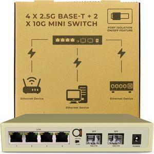 6-Port 2.5G Unmanaged Ethernet Switch, 4 x 2.5G Base-T, 2 x 10G SFP+, VLAN Isolation, Fanless Metal Design, Supports 100/1000/2500Mbps, Desktop/Wall Mount, Ideal for NAS, PCs, and WiFi AP