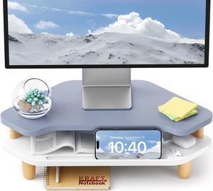 AFOOYO Monitor Stand Riser,2 Tier Corner Wood Monitor Stand Sturdy Computer Stand Multi-Purpose Desktop Storage Stand for Laptop,PC,iMac,Printer,Computer,Blue