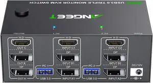 KVM Switch 3 Monitors 2 Computers 8K@60Hz 4K@144Hz, ANGEET HDMI and Displayport KVM Switch Triple Monitor for 2 Computer Share 3 Monitor and 4 USB3.0 Devices, with Wired Remote and Power Adapter