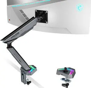 ARES WING Single Arm Monitor Mount for 17-45 inches Monitors,Holds 35.2lbs,Heavy Duty Monitor arm with 20 RGB Lighting Effects,Ultrawide Monitor Arm for Curved Flat Monitors, Gray