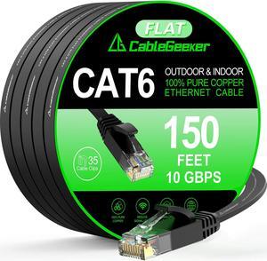 Cat 6 Ethernet Cable 150 ft, Indoor&Outdoor, High Speed 10Gbps Flat Internet Network Cable, Cat6 Ethernet Patch Cable Long, Computer LAN Cable with Free Clips & Straps for Router, Modem, PS4/5, Black