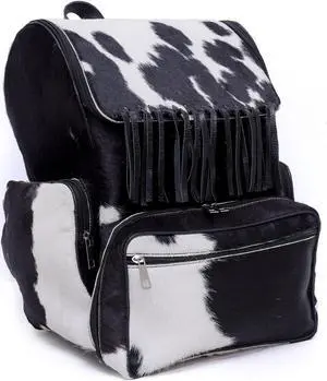 CHAYELL Cowhide Diaper Bag Backpack Black & White Fringe  Handpicked Premium Hair On Rugged Cow Hide Leather  Handmade Western Diaper Bags for Baby Girl Laptop Knapsack for Mom, Dad & Free-Spirited