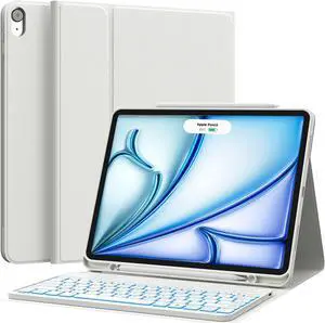CHESONA for iPad Air 13 Inch Case with Keyboard, Detachable Magnetic Wireless Keyboard, 7 Color Backlit & Rechargeable, Precise Cutouts & Pencil Holder for iPad Air 13 M3 2025 & M2 2024, White