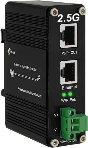 Elenzk 2.5G PoE Injector - Industrial 2.5 Gigabit PoE+ Injector IEEE802.3 at 30W Hardened POE Adapter with 12-48V DC Input DIN- Rail, Wall Mount, Aluminum Metal Housing