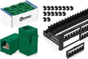 Everest Media Solutions Bundle  2 Items: 48-Port Keystone Patch Panel + 24 Pack of RJ45 CAT6 Keystone Couplers - Green