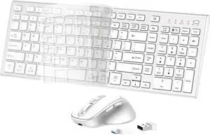 Wireless Keyboard Mouse Combo, USB Type C Rechargeable Slim Silent Keyboard Mouse, Compact Full-Size Keyboard with Number Pad and Cover for Windows, macOS, PC/Computer/Laptop - Silver
