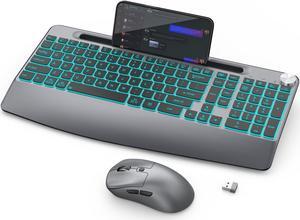Wireless Keyboard and Mouse Backlits - Full-Sized Ergonomic Lighted Keyboard with Wrist Rest, Phone Holder,2.4GHz Rechargeable Silent Keyboard Mouse Combo for Computer, Laptop, PC, Mac -Grey