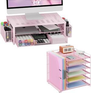 gianotter Monitor Stand with Storage + 6-Tier Paper Organizer(Pink)