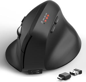 Ghajz Bluetooth and 2.4GHz Ergonomic Mice, 2 in 1 Wireless Mouse with 3 DPI Levels, Rechargeable Computer Mouse with USB Receiver and Type C Adapter for Laptop, Desktop, Windows, Mac OS, Black