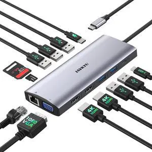 USB C Docking Station Dual Monitor 13 in 1 laptop docking station USB C Hub Multiport Adapter with 2HDMI 4K+VGA+5USB+1USB-C+Ethernet-100w PD,USBC dock Dongle for Dell/HP/Surface/Lenovo ThinkPad laptop