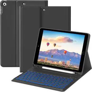 JKSML Keyboard Case for iPad 9th/8th/7th Generation(2021/2020/2019) 10.2 Inch, Case with 7 Colors Backlit Detachable Keyboard Soft TPU Back Folio Stand, Built-in Left Side Pencil Holder, Black