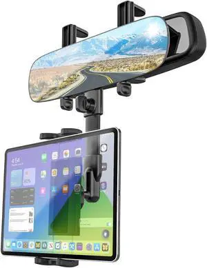 Kolasels Rear View Mirror Tablet Holder for Car with Extra 11.6'' HD Rear Mirror, Metal Telescopic Arm Rearview Mirror Car Tablet Mount, Rear View Mirror Phone Holder for 4-13" ipad Mini Air, iPhone