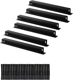 Lancher 6-Pack 19 Inch 1U Cable Management Horizontal Cable Rack Mount Manager with mounting Screws for Service Rack Cabinet 24 Slot Finger Duct with Cover