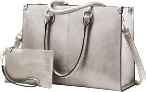 LOVEVOOK Laptop Tote Bag for Women, 15.6 Inch Large Capacity Vintage Leather Work Computer Bag, Business Casual Shoulder Handbag, Smoke Gray