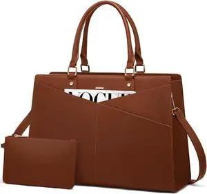 LOVEVOOK Laptop Tote Bag for Women, Leather Business Office Work Bag Computer Briefcase with Small Clutch fit for 15.6 Inch Laptop Brown