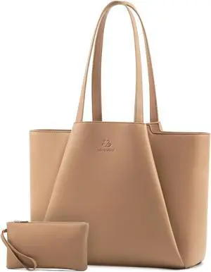 LOVEVOOK Laptop Tote Bag for Women 15.6 Inch Work Bag Leather Laptop Bag with Clutch, Large Capacity Office Purse Computer Briefcase Shoulder Bag for Casual Business Travel, Apricot