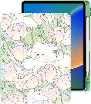 Cute Flower Dog for iPad Air4/Air5 for iPad Pro 11 Inch Case 2022/2021/2020 with Pencil Holder, Foldable Green Leather Cover Case, Support Auto Sleep Wake