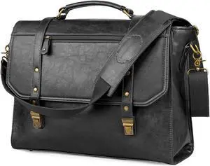 Mens messenger bag 15.6 inch, Waterproof Faux Leather Laptop Briefcase Large Computer Laptop Bag Leather Satchel Bag Retro Shoulder Bag for Office Business Travel College Black