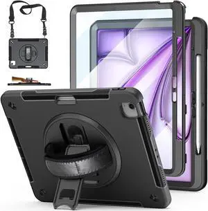 Case for iPad Air 13 Inch M3/M2 (2025/2024): TPU Shockproof Case with Screen Protector - Stand - Handle - Shoulder Strap - Pen Holder-Black