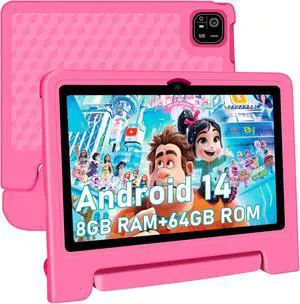 NRKDUBQ Tablet for Kids, 10.1 inch IPS HD Touchscreen Android 14 64 GB Storage, 8GB RAM, Octa-Core Kids Tablet, Parental Controls, 12-hr Battery, WiFi, GPS - Pink