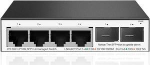 Qfly 6 Port 2.5G Ethernet Unmanaged Switch (4X 2.5G RJ45 Ports, 2X 10G SFP+ Slot), Desktop or Wall Mount, Fanless, Sturdy Metal Housing, Plug and Play, Ideal for Wireless AP, NAS, PC