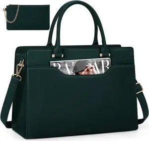 RAINSMORE Laptop Bag for Women 15.6 Inch Laptop Tote Bag Waterproof Leather Work Bags Professional Computer Briefcase Large Capacity Handbag for Business Teacher Office, Green