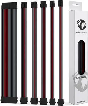 Reaper Cable Sleeved PSU Extension Set - Power Supply Extensions - 1x 24 Pin/ 2X 8 Pin/ 2X 6 Pin/ 1x 4+4 Pin - with Combs - 30cm (Carbon & Dark Red)