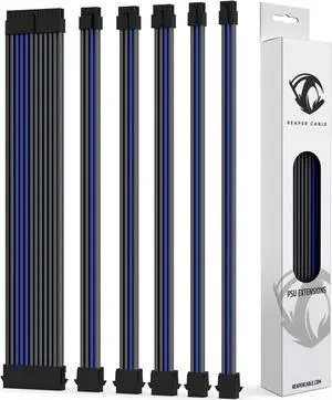 Reaper Cable Sleeved PSU Extension Set - Power Supply Extensions - 1x 24 Pin/ 2X 8 Pin/ 2X 6 Pin/ 1x 4+4 Pin - with Combs - 30cm (Carbon & Electric Blue)