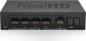 2.5GB 5 Port Network Ethernet Switch Unmanaged with 1 x 10G SFP+ Port | Multigig Switch 10-100-1000Mbps | 45G Bandwidth | Plug & Play | Fanless Quiet Metal Internet Switch