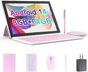 RUIQIAI Android 14 Tableta, 2 in 1 Tablet 10 Inch with Keyboard Case, 8GB+64GB ROM/1TB, Quad Core, Dual Carema, Games, Wi-Fi, BT, GMS(Pink)