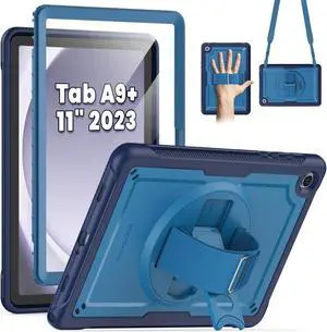 SEYMAC for Samsung Galaxy Tab A9+ Plus Case 11" 2023 (SM-X210/X216/X218), Full-Body Shockproof Protective Case with Screen Protector, Rotating Stand and Hand/Shoulder Strap, Navy Blue