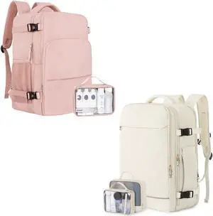 Sinaliy Backpack (Pink & Beige), Flight Approved Personal Item Travel Backpack, Carry On Backpack with Multi-Pockets, College Bag, Hiking Waterproof Backpack, Business Backpack with USB Charging Port