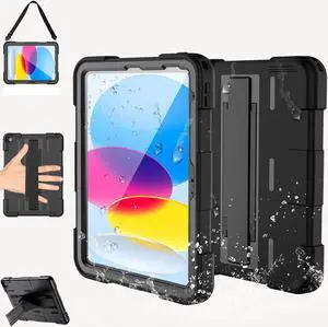 Designed for iPad 10th Generation 10.9 inch Waterproof Case, IP68 Waterproof, Full Body Rugged Shockproof Dustproof Protective, with Screen Protector&Stand&Hand Strap