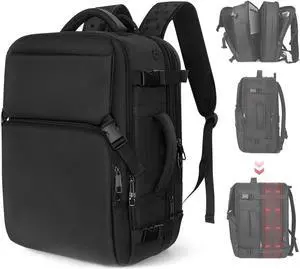 Snoffic Travel Backpack Carry On Flight Approved, Lightweight Large Travel Backpack, Expandable with USB Charging Hole, Waterproof Causal Bookbag for Travel Work College Fits 17inch Laptop, Black