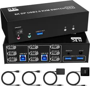 8K@60Hz Displayport KVM Switch 3 Monitors 2 Computers, 4K@144Hz KVM Switch DP 1.4 with 3 USB 3.0 Ports Sharing Keyboard and Mouse, Printer/Hard Drives, Desktop Controller 8K@60Hz Displayport KVM Switch 3 Monitors 2 Computers, 4K@144Hz KVM Switch DP 1.4 with 3 USB 3.0 Ports Sharing Keyboard and Mouse, Printer/Hard Drives, Desktop Controller