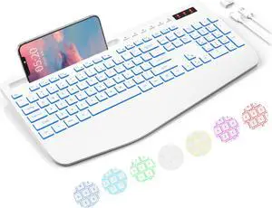 Trueque Wireless Keyboard with 7 Colored Backlits, Phone Holder, Wrist Rest, Rechargeable Ergonomic Keyboard with Silent Light Up Keys, Cordless Computer Keyboard for Windows, Mac, Laptop - (White)