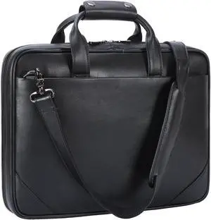 Masa Kawa Black Leather Slim Briefcase 14 Inch Laptop Bag for Men Crossbody Shoulder Messenger Computer Bags Attache Case for Business Work Lawyer