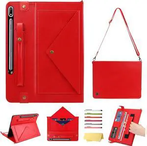 UUcovers Red PU Leather Handbag Stand Case for Galaxy Tab S7 FE/S7 Plus/S8 Plus 12.4 Inch with S Pen Holder/Shoulder Hand Strap/Auto Wake/Sleep/Magnetic Closure/Envelope Document Design