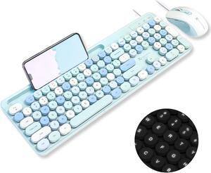 X9 Wired Keyboard and Mouse Combo - Cute Colorful Blue Keyboard with Round Keycaps, 109 Silent Fullsize Keys with Phone/Tablet Dock, Backlit Aesthetic and Pastel Keyboard