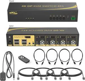 eKL KVM Switch Displayport 4 Port DP 1.2 4x1 Supports 4K@60Hz 4:4:4 hotkey Switching Audio 4 PCs Sharing One Set of Keyboard Mouse