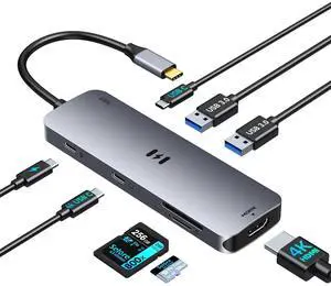 USB C Docking Station Dual Monitor, Selore 8-in-1 USB C Video Hub with 4K USB-C and HDMI Display, 100W PD Charging, 5Gbps Data Transfer, SD/TF Card Reader, Laptop Docking Station for MacBook,Windows