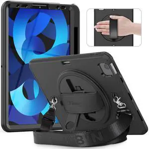 Timecity for iPad Air 5th/ 4th Generation Case 10.9 inch, Ready Protective Bundle with Screen Protector, 360° Rotating Stand & Pencil Holder | Grade for Office/School for iPad Air 5/ Air 4 (Black)