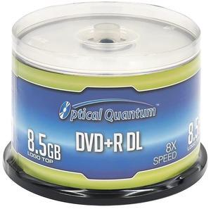 Optical Quantum 8X 8.5GB Double Layer DVD+R DL Recordable Blank Media Logo Top, 50-Disc Cakebox, Dual Layer DVD Discs, DVD DL Blank Discs 8.5GB