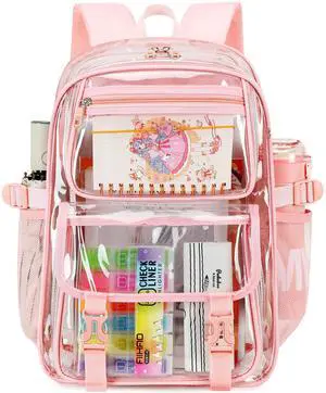 AO ALI VICTORY Large Clear Backpack For Women Men Girls 16 inch Laptop School Bookbag Heavy Duty PVC Transparent Backpacks for College Work Travel See Through Back Pack for Sport Events,Stadium, Pink