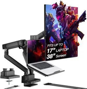 AVLT Dual 17"-38" Monitor Arm Desk Mount with 17" Laptop Tray and USB-C Docking Station, HDMI 4K60Hz, USB-A 5Gbps, Ethernet, 100W PD, Fits Two Flat/Curved Monitor - Black