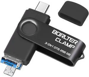 256GB 3 in 1 USB 3.0 Flash Drive Photo Stick for Android Phones, BorlterClamp OTG Memory Stick with 3 USB Ports (USB C, microUSB, USB A) for Samsung Galaxy, LG, Tablets, PC and More, Black