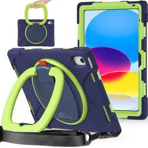 BKOUNCTK for iPad (A16) 11th/10th Generation Case 2025/2022 (11/10.9),Heavy Sturdy Shockproof Kids Case with Screen Protector,Rotating Stand/Pencil Holder/Shoulder Strap - (Navybulue+Lime)