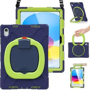BRAECN Case for iPad (A16) 11th/10th Generation 11/10.9'' 2025/2022-Rugged Silicone Cover with Swivel Ring Stand/Pencil Holder/Handle Grip/Kickstand/Screen Protector/Shoulder Strap, Navy Green
