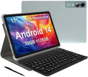 11 inch Tablet Android 14 2000*1200 2K Display Tablets PC, T616 Octa-Core 2.0GHz, 18GB RAM 128GB ROM 1TB Expandable, 5+5+13MP AI Camera, 9000mAh, 5G WiFi, with Keyboard, Case, 4 Speakers - Green