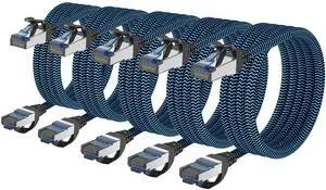 CABNEER Cat8 Ethernet Cable 12 ft 5 Pack, High Speed 40Gbps 2000MHz, Braided, Blue, Compatible with Router, Modem, Laptop, PC, Gaming